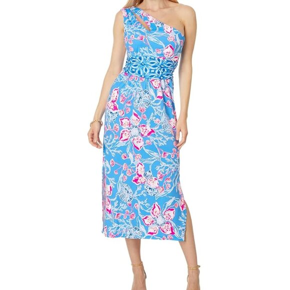 Lilly Pulitzer Helina One Shoulder Midi Blue and Pink Floral Dress, NWT, Size - Picture 1 of 4